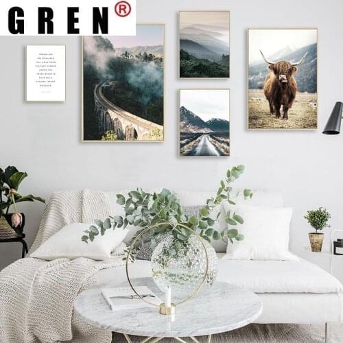 GREN Modern Living Home Decor Nordic Arch Bridge Foggy Forest Landscape Animal Canvas Painting Wall Art Print Poster Picture