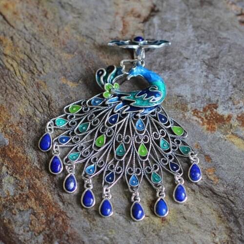 [character silver goods] S925 sterling silver jewelry national wind lady Cloisonne lapis lazuli Malachite Pendant
