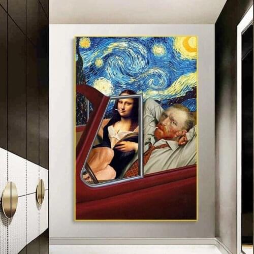 Funny Art Mona Lisa Van Gogh Smoking In Car Canvas Painting Poster Starry Night Wall Art Prints Pictures for Living Room Decor