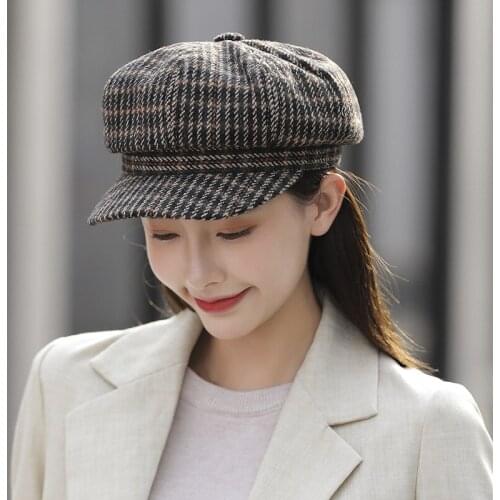 British Style Women Berets Korean Plaid Octagonal Newsboy Cap Women Ladies Casual Wool Hat Spring Autumn Girls Hat