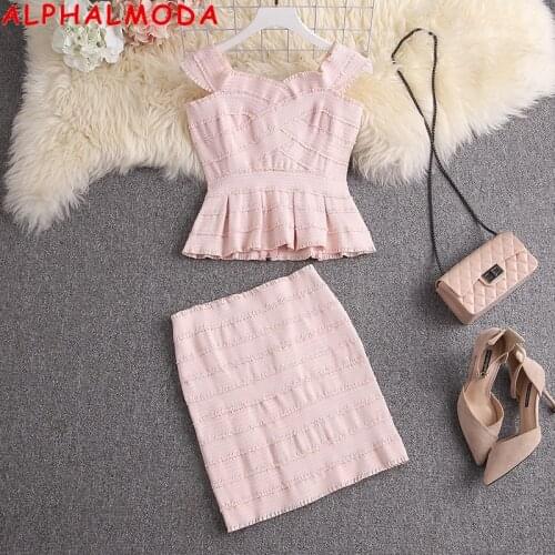 ALPHALAMODA New Style Bandage Top Skirt 2pcs Set Women Slash Neck Stretchy Sexy Off-shoulder Bandage Top Mini Skirt 2pcs Suit