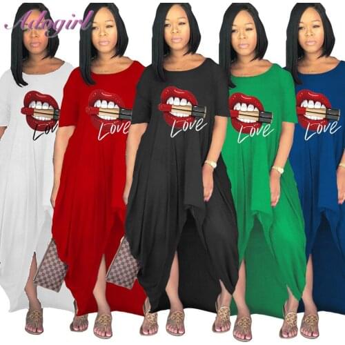 Women Lips Print Stacked Side High Low Irregular O-neck Short Sleeve Maxi Dress Plus Size L-4XL Long Dresses Outfit Vestidos