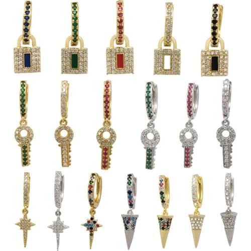 1 Piece Small Hoop Earring for Women Lock Key Lightning North Star Earing Rainbow CZ Jewelry Gold Silver Color Mini