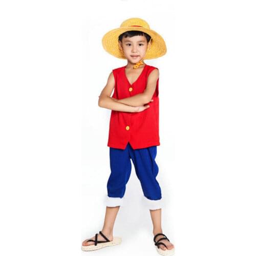 Free Shipping Japanese Anime One Piece Luffy Cosplay Children Halloween Party Costume Tops+Pants+Hat+Shoes