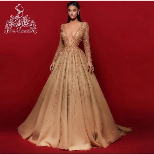 Champagne Luxury Beaded Crystal A-line Evening Dresses Deep V Neck Long Sleeves Tulle Formal Party Gowns Sparking Pageant Dress