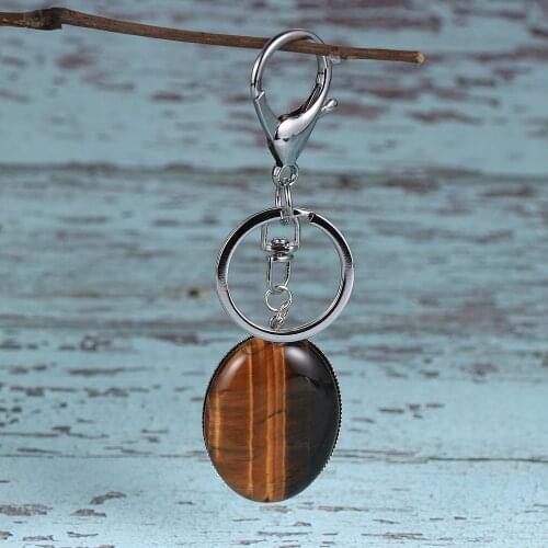 Key Chain Key Ring Big Oval Natural Opal Crystal Tiger Eye Stone Pendant Keychain Holder Men Women Birthday Gift
