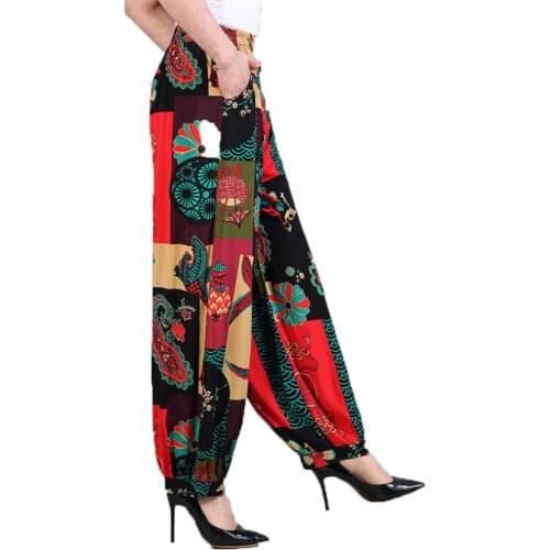 Cotton Silk Wide-Leg Pants Middle-Aged Elderly Womens Pants Loose Bloomers Middle-Aged Female Printing Trousers Plus Size 5XL