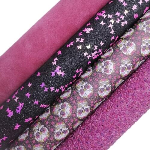 Black Glitter leather with Butterflies, Skulls Printed synthetic leather, Suede Vinyl Fabric Sheets For Bows DIY 21x29CM KM748