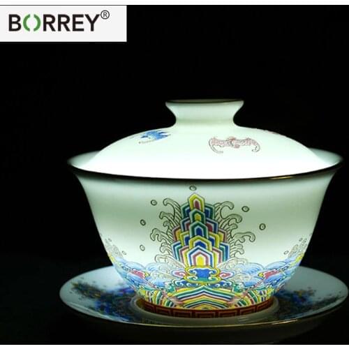 BORREY Jingdezhen Ceramic Gaiwan Porcelain Teacup And Saucer Tureens Enamel Cup Travel Kung Fu Tea Set Puer Oolong Tea Pot 150Ml
