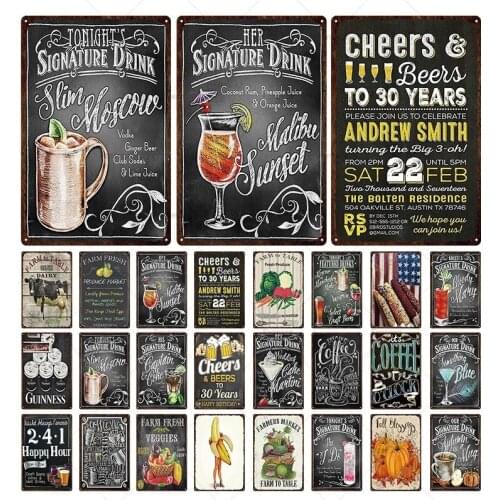 Cocktail/Guinness Beer Metal Tin Sign Fresh vegetable Plaque Vintage Wall Decor For Bar Man Cave Retro Iron Posters Painting