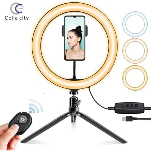 10 Inch LED Selfie Camera Ring Light USB Ring Lamp with Phone Holder Tripod Stand Professional Dimmable for Makeup Youtube Video