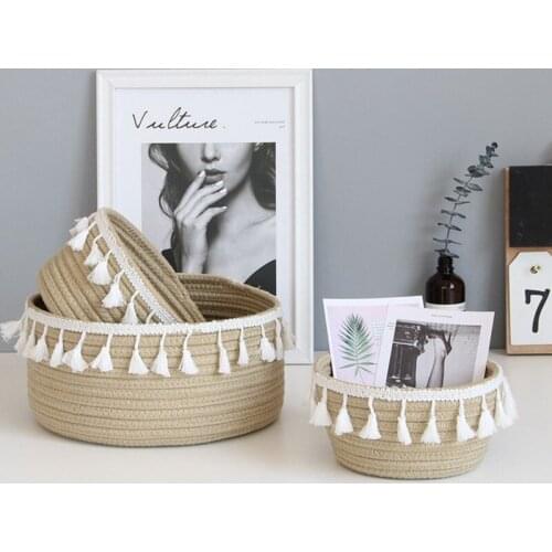 Storage Basket With Handles And Tassel Retro Cotton Rope Tassel Storage Basket Woven Storage Basket Household Home Supplies