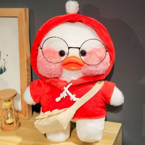 Red Coat and Yellow Bag with Glasses Hoodie Hyaluronic Acid Duck with Glasses Hat Plush Toy Stuffed Soft Birthday Gift for Girls