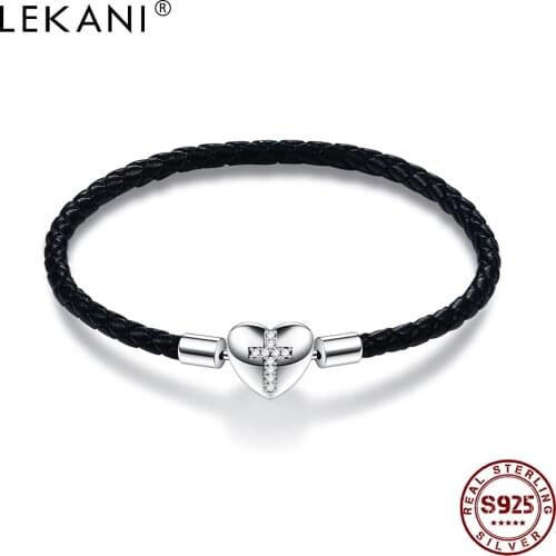 LEKANI Braided Rope Brecelet For Couple S925 Sterling Silver Inlay Zircon Cross Shape Black Brecelet Show Love Fine Jewelry