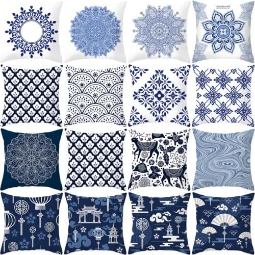 Mandala Polyester Pillow Cover Peach Skin Velvet Blue And White Porcelain Sofa Cushion Home Decorative Pillows Cover
