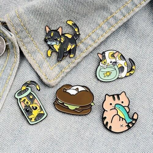 Cute Cat and Fish Metal Enamel Pin Cat Bottle Fish Tank Hamburger Bag Clothes Brooch Badge Lapel Pin Buckle Gift for Friend