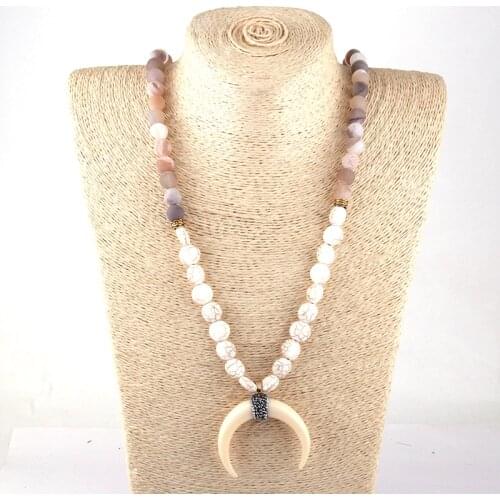 Fashion Bohemian Tribal Artisan Jewelry Flat White S Druzy Ox Horn Moon Necklace For Women