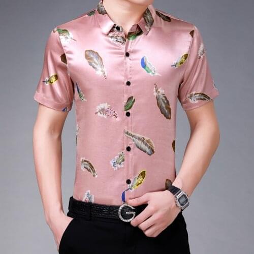 Men Fashion Printing Silk Clothes Summer Feather Printed Satin Streetwear Male Smooth Soft Shirt Short Sleeved Dress Shirt
