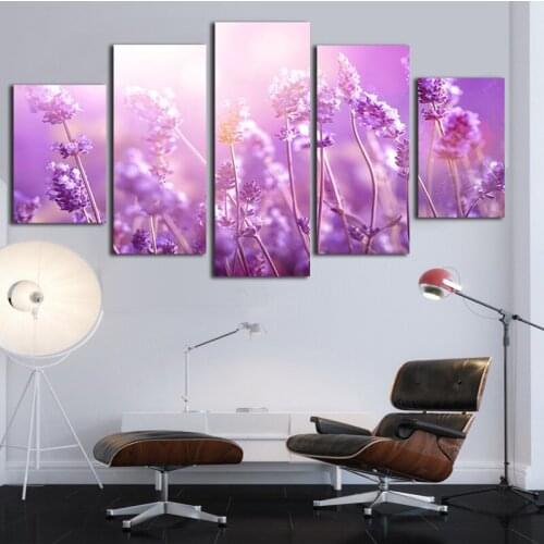5 Pieces Purple Lavender Sunshine Landscape Modern Canvas Painting Framework Printed Wall Art Pictures Poster Room Home Decor