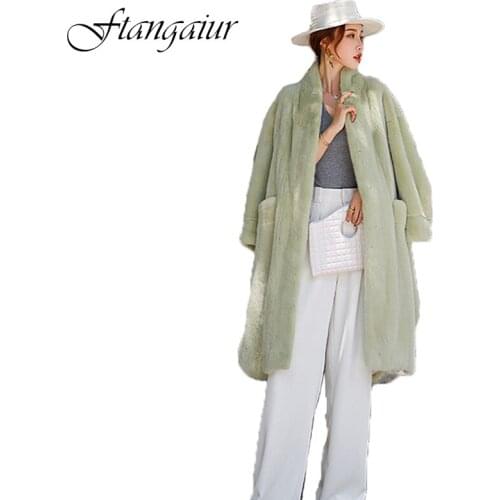 Ftangaiur 2020 Winter Import Purple Standard Velvet Mink Fur Coat Womens Medium V-Neck With Sashes Natural Real Mink Fur Coats