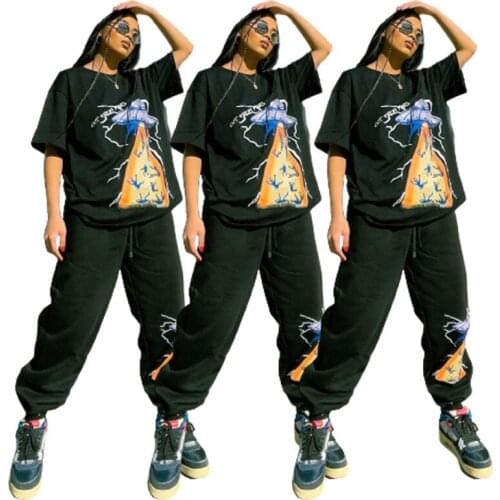 2021 new fashion black womens leisure trend sports suit printed short-sleeved trousers two-piece suit womens clothing