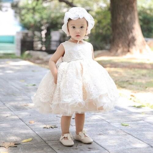 New Flower Lace 1st Birthday Celebrity Baby Girl Dress Pearl Beading Collar Waist Childrens Elegant Dress Party Evening Dresses