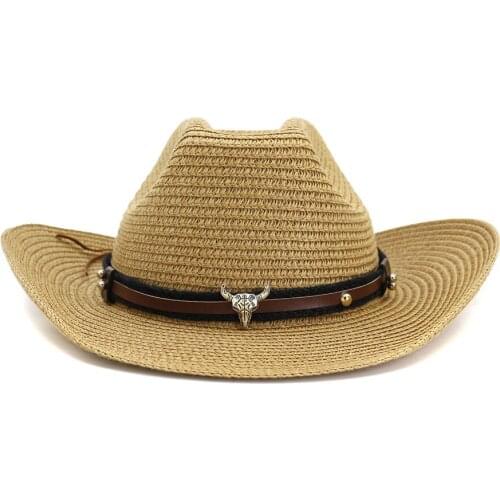 Men Hat Cowboy Western Straw Panama Hat Belt Cow Decorate Wide Brimmed Hats For Summer Khaki Male Hat 2021 New Arrival