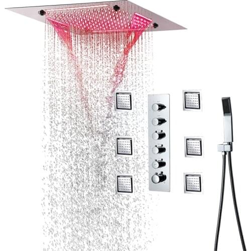 Thermostatic Shower Panel System Embedded Ceiling Waterfall 20'' Showerhead Rain LED Shower Set Bathroom Faucets Concealed Mixer