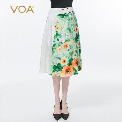 VOA Summer Silk Jacquard Natural Waist Asymmetric Button Fold Printing Floral Stitching Woman Skirts with Floral Pattern CE89