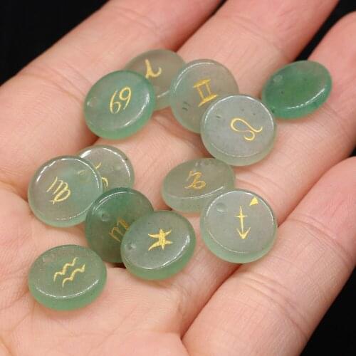 Top Quality 12 pcs/set Green Aventurine Reiki Heal Engraved Symbols Round Shape Divination Stone With Hole