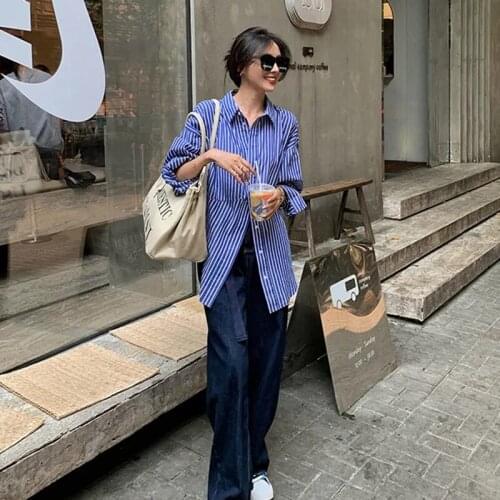 Chic Oversize style stripe Cotton Women Shirt Long Sleeve Loose Office Ladies Shirts 2021 Summer Button Up Female Work Clothing