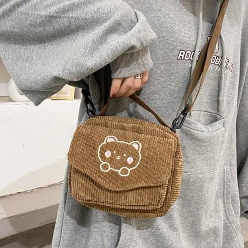 Hylhexyr Women Cute Bear Shoulder Bag Vintage Corduroy Purses Portable Small Square Ladies Handbag Zipper Messenger Bags