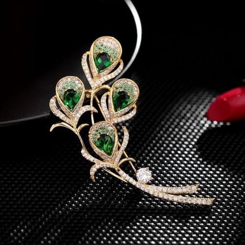Vintage Green Cubic Zirconia Brooch Pin Elegant Phoenix Peacock Feather Pins Brooches for Women Accessories Jewelry Broche