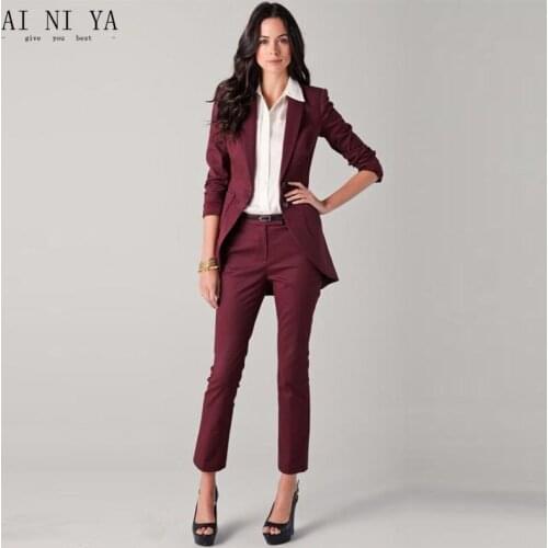 Women Pant Suits Burgundy Ladies Custom Made Business Office Tuxedos Formal Work Wear Suits Female Office Uniform