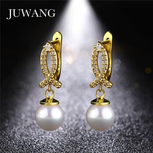 JUWANG Imitation Pearl CZ Zirconia Drop Earrings For Women Sliver Color Wedding Dangles Earring Fashion Gift