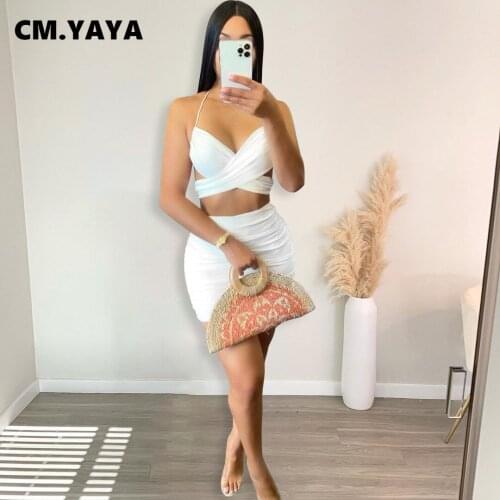 CM.YAYA Women Set Solid Sleeveless Halter Bandage Crop Top Mini Skirts Two 2 Piece Sets Sexy Fashion Streetwear Summer Outfits