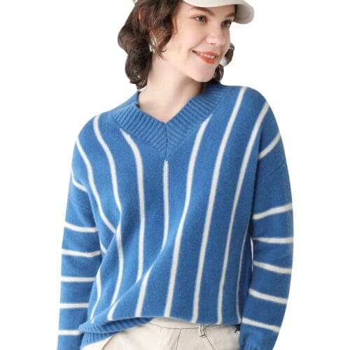 Winter 100% wool hairy knit cashmere sweater thicker warm knit wool tops female striped hit color v-neck sweater F2184