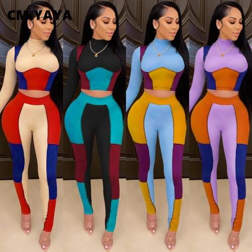 CM.YAYA Active Patchwork Sweatsuit Womens Set Long Sleeve Tee Tops Pants Suit Streetwear Tracksuit Two Piece Set Fitness Outfit