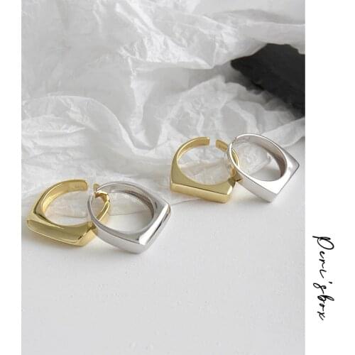PerisBox 2 Designs Geometric Square Ring Polished 925 Sterling Silver Rings for Women Pointed and Plane Minimal Ring Adjustable