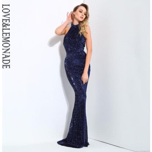 LOVE&LEMONADE Navy Collar Open Back Fold Elastic Sequins Dresses LM80492