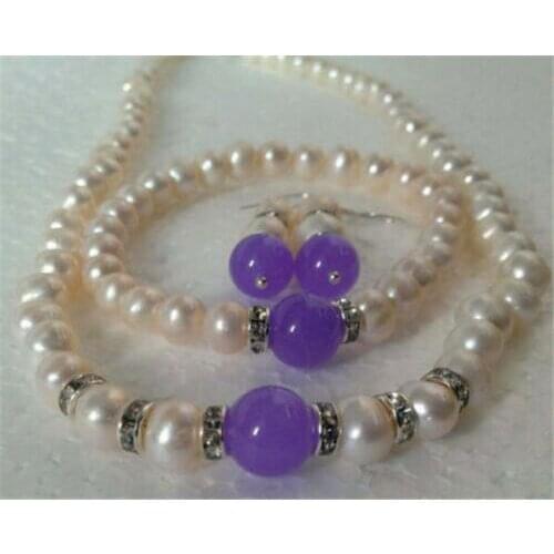 7-8MM White Akoya Pearl/purple jade bracelets necklace earrings set