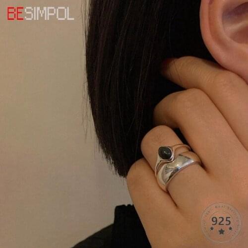 Besimpol Real 925 Sterling Silver Rings Fashion Couples Black Agate Conbined Adjustable Rings For Couple Simple Fine Jewelry