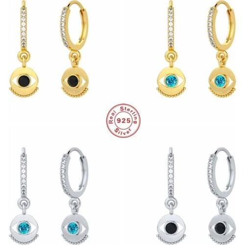 BOAKO 925 Sterling Silver Black Blue Zircon Eye Pendant Hoop Earrings For Women Luxury Bohemian Pave Crystal Circle Earring