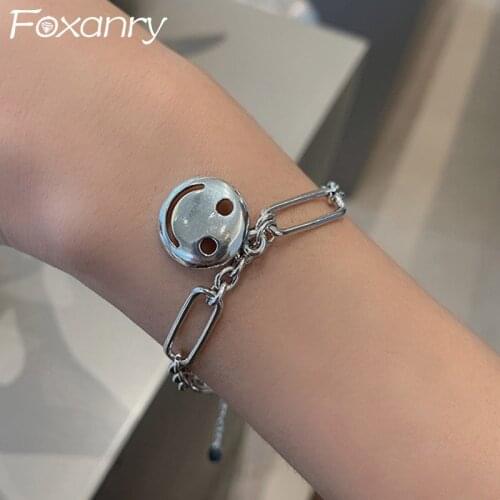 Foxanry 925 Sterling Silver Smiley Face Bracelet INS Fashion Vintage Punk Hiphop Rock Party Jewelry Gifts for Women Couples