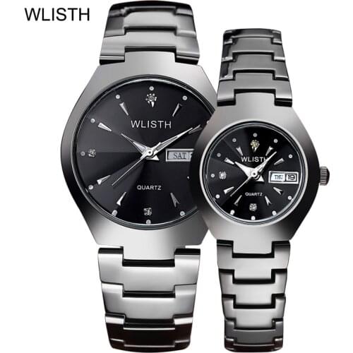 WLISTH Couples Watches Luxury Business Quartz Watch Men and Women Wristwatch Black Steel Waterproof Date Week Hour Couple Watch