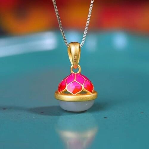 Designer original enamel porcelain natural Hetian jade geometric hollow small bells cute and beautiful ladies necklace pendant