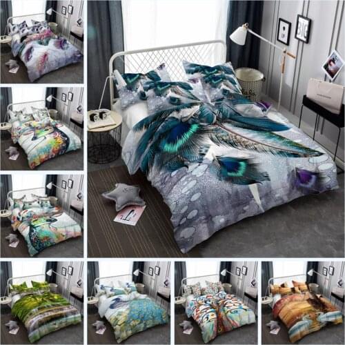Colorful Peacock Bed Set 3 Pcs Turquoise Bird Duvet Cover Cute Feathers Bedding Set Mandarin Ducks Playing Water Bedspread