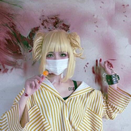 My Boku No Hero Academia Akademia Himiko Toga cosplay costume Short Light Blonde Ponytails Heat Resistant Suit Wig tops Tooth