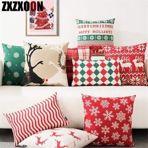 Polyester Merry Christmas Snowflake Christmas Pillow Cover Deer Geometric Sofa Home Cushion Cover for Living Room Decoration