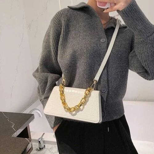 Wholesale 2021 Trendy Stone Leather Ladies Bags Over the Shoulder Girl Hand Bags and Purses Thick Chain Handbags for Women